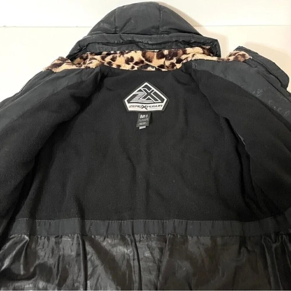 ZeroXposur Girls Coat Black with Leopard Print Lined Hood Size Medium
